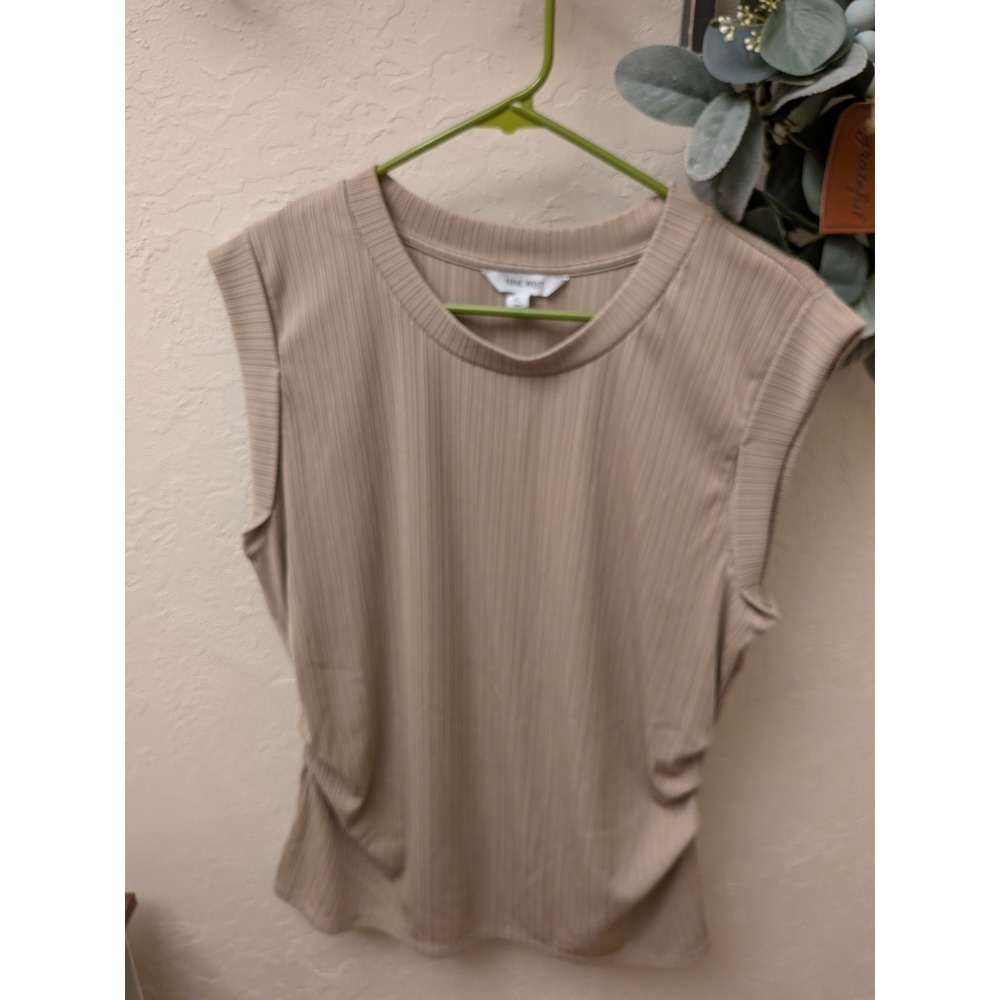 Nine West Womens XL Tan‎ Ribbed Muscle Tee Sleeveless Crew Neck Ruched Side Top